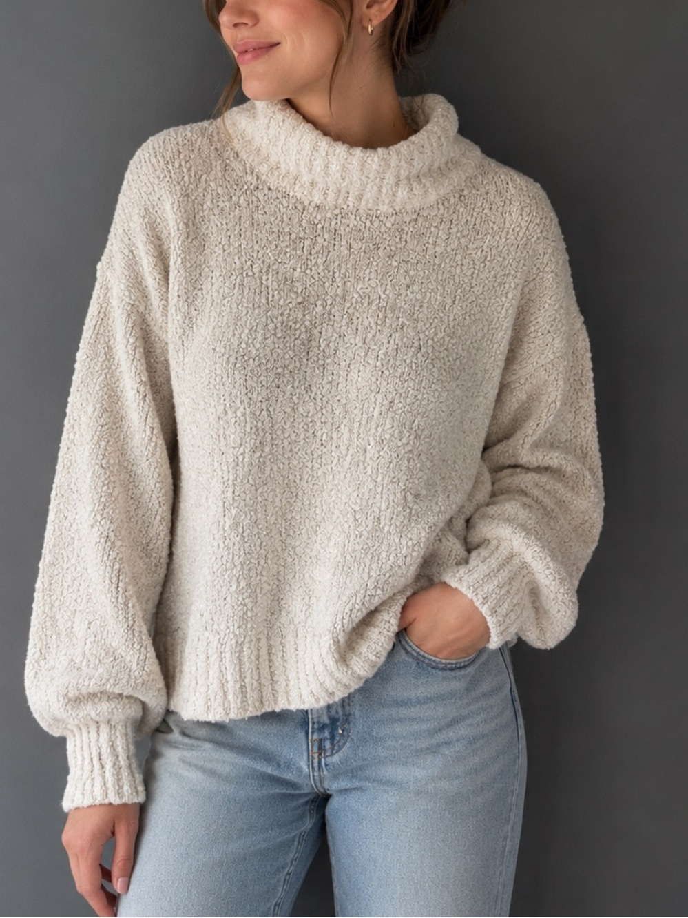 InWear Wiona Pullover Sweater XS Cream Bouclé Turtleneck Wool Made in Italy